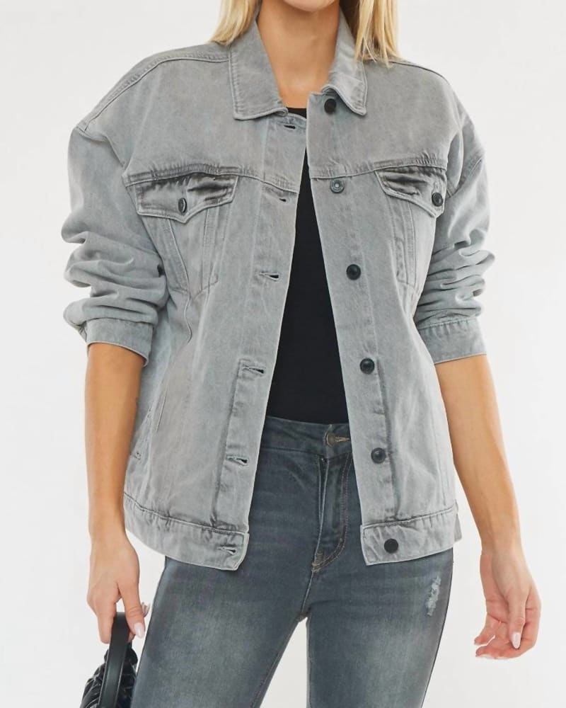 Front of a model wearing a size XL Kit Oversized Denim Jacket in Gray in Gray by KanCan. | dia_product_style_image_id:326559